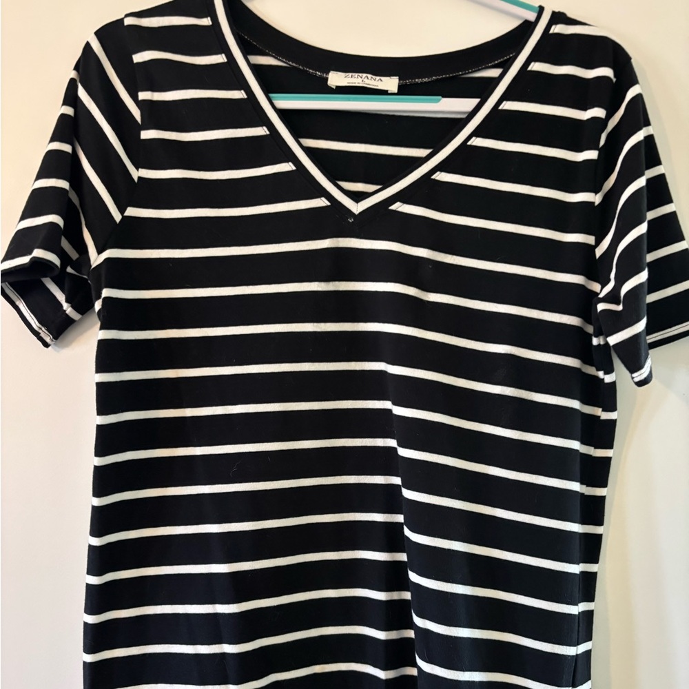 Black and White Striped V-Neck T-Shirt